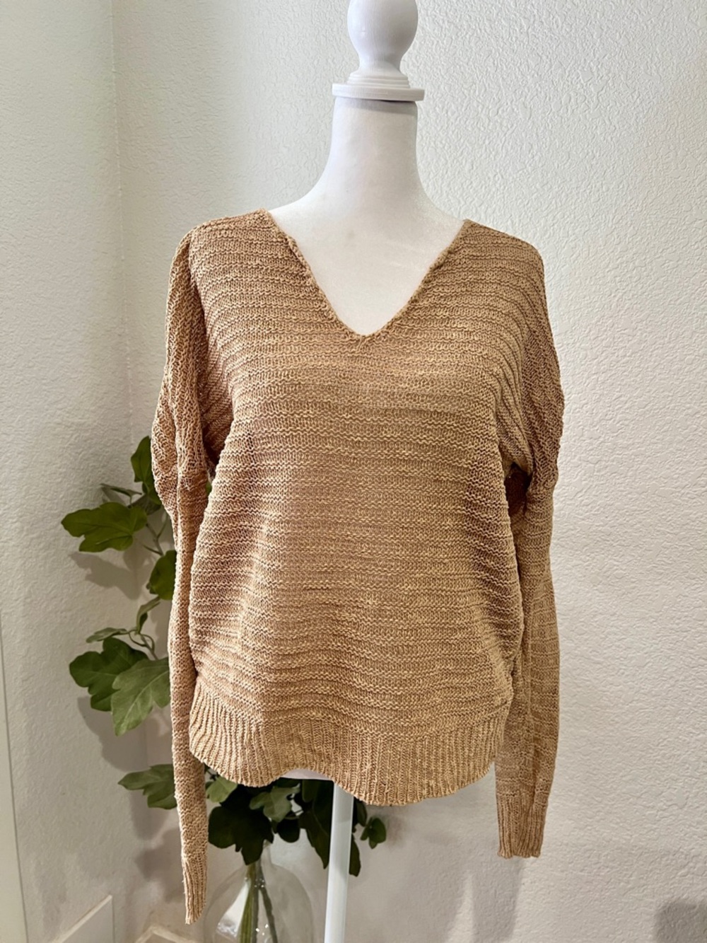 LRL Ralph Lauren Linen Blend Open Knit V-Neck Sweater - Tan/Oatmeal - Size M